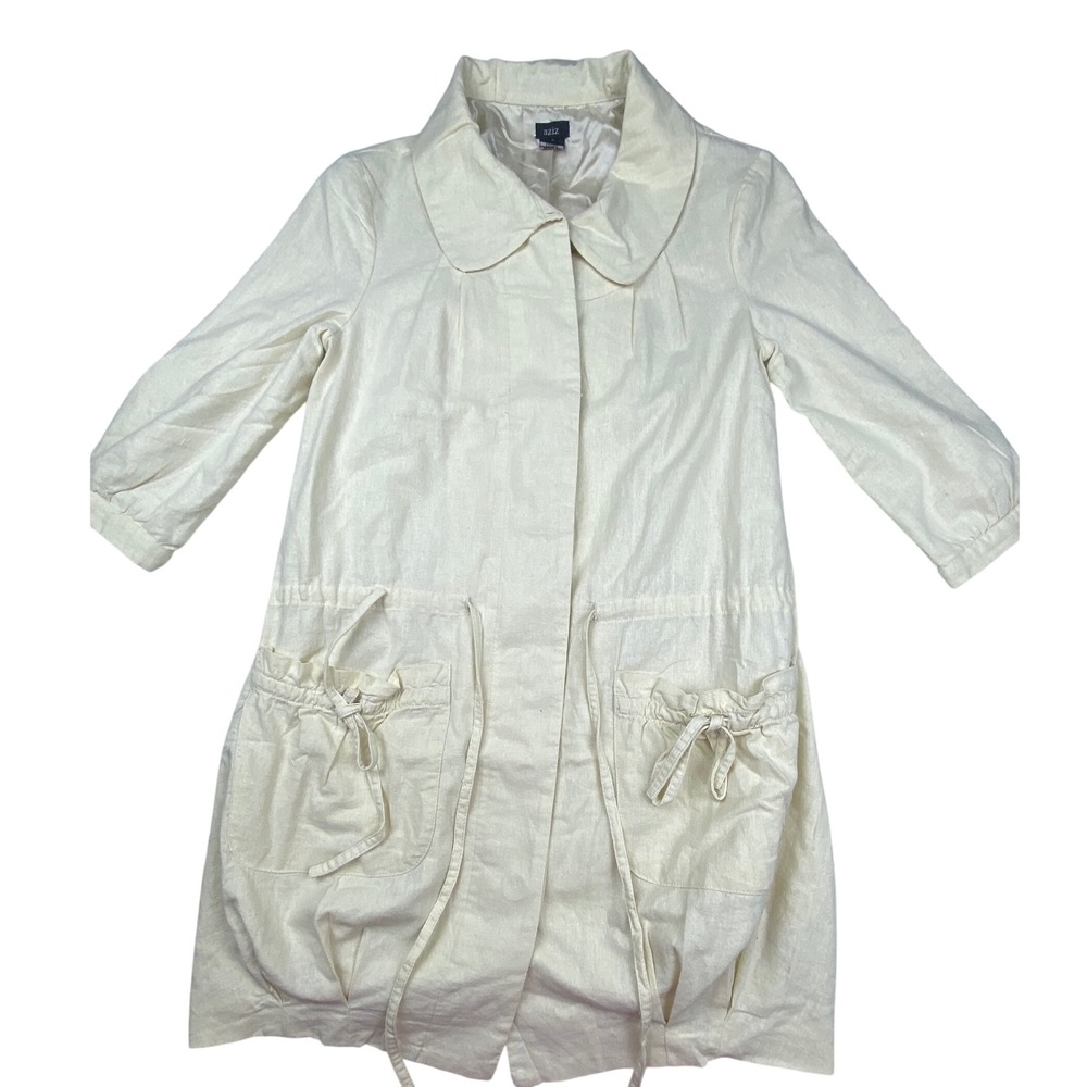Aziz Women Cream Cotton Linen Peter Pan Collar Drawstring Utility Jacket Small